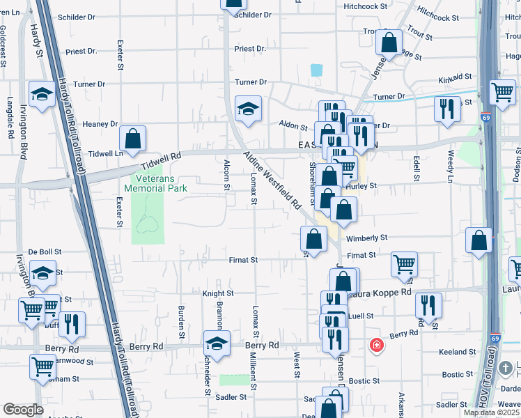 map of restaurants, bars, coffee shops, grocery stores, and more near 2405 Pennington Street in Houston