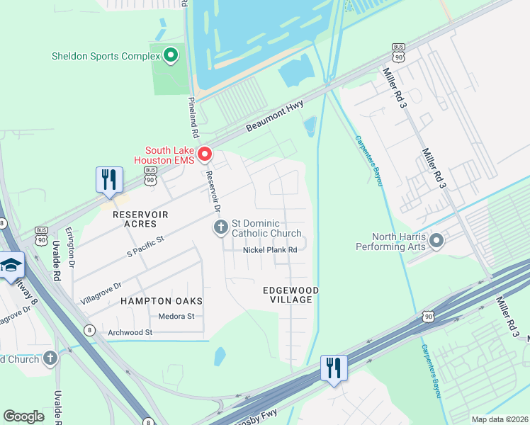 map of restaurants, bars, coffee shops, grocery stores, and more near 14610 Ruddy Duck Lane in Houston