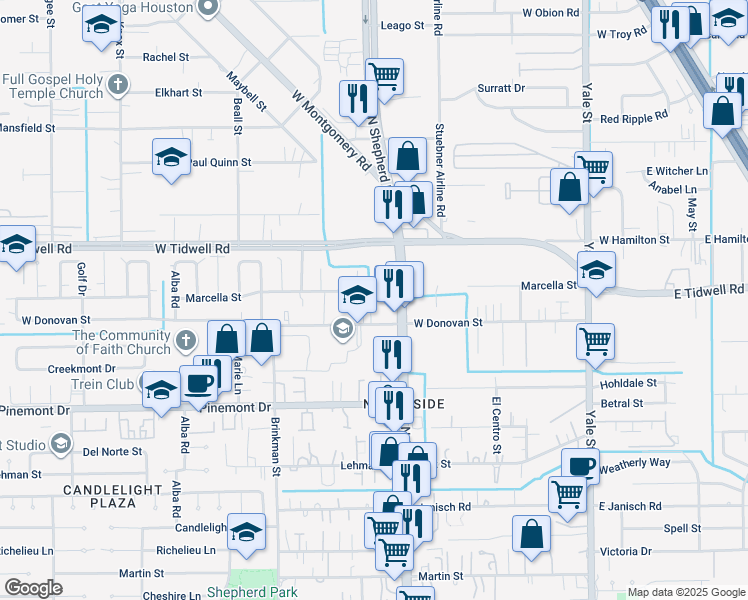 map of restaurants, bars, coffee shops, grocery stores, and more near 706 Marcella Street in Houston