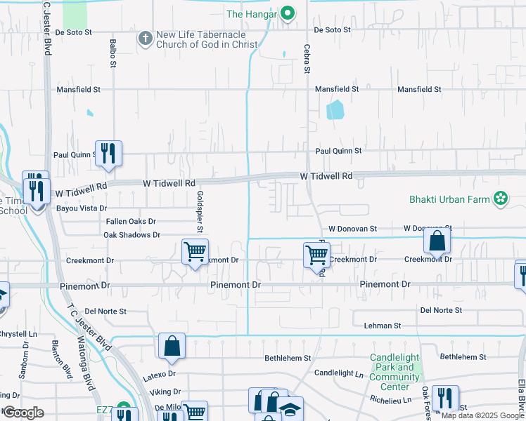 map of restaurants, bars, coffee shops, grocery stores, and more near 2303 West Tidwell Road in Houston
