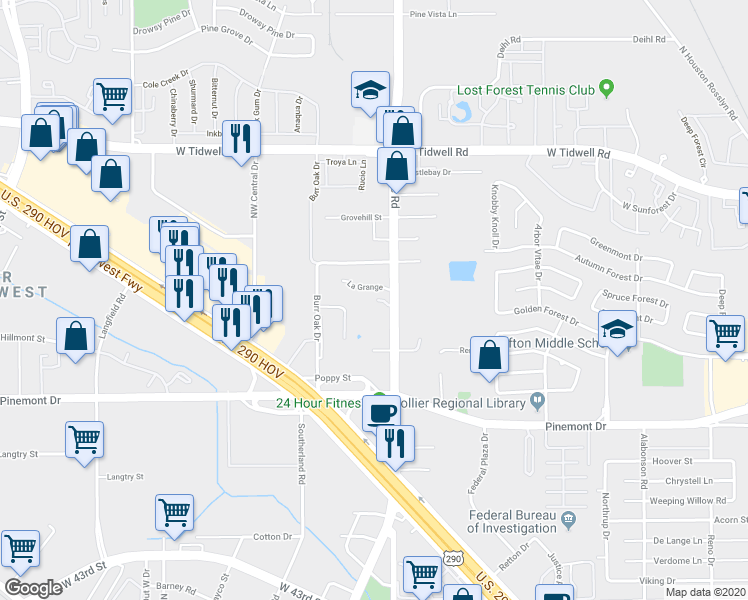 map of restaurants, bars, coffee shops, grocery stores, and more near 6715 Newbridge Street in Houston