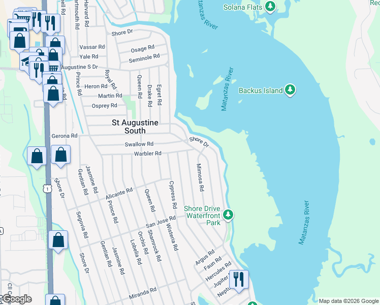 map of restaurants, bars, coffee shops, grocery stores, and more near 2402 Shore Drive in St. Augustine