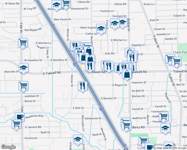 map of restaurants, bars, coffee shops, grocery stores, and more near 600 East Tidwell Road in Houston