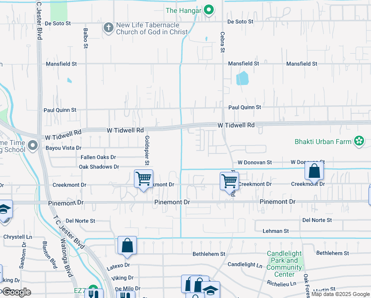 map of restaurants, bars, coffee shops, grocery stores, and more near 2303 West Tidwell Road in Houston