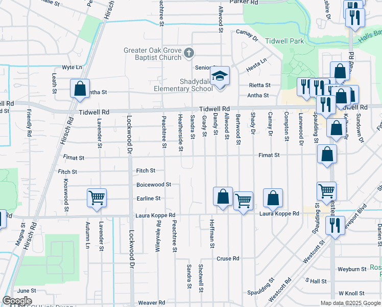 map of restaurants, bars, coffee shops, grocery stores, and more near 5313 Firnat Street in Houston
