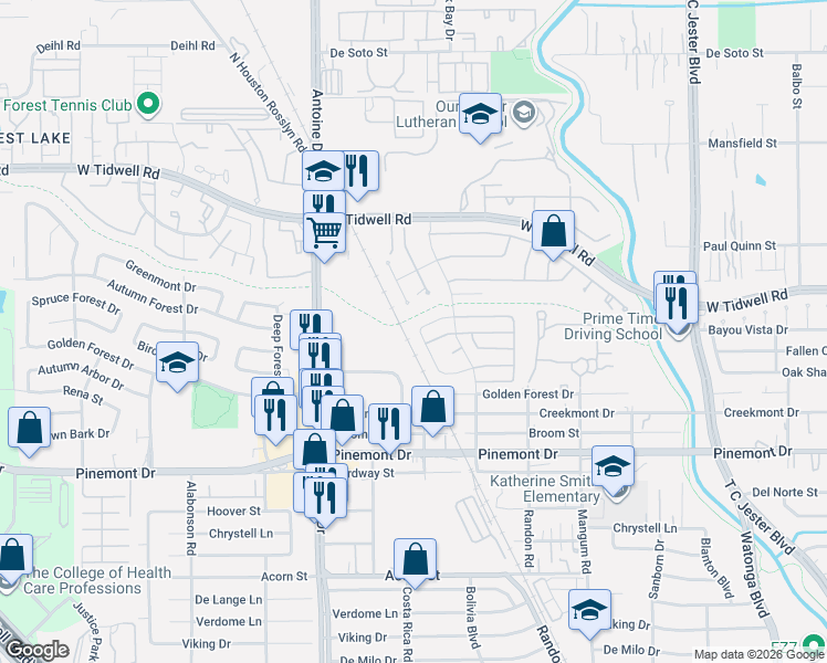 map of restaurants, bars, coffee shops, grocery stores, and more near 5122 Spring Forest Drive in Houston