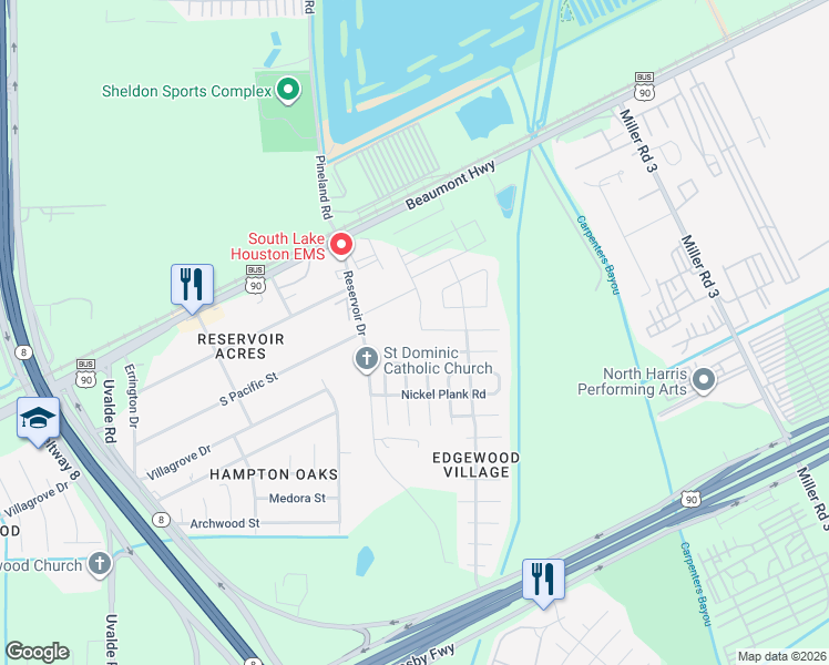 map of restaurants, bars, coffee shops, grocery stores, and more near 14610 Ruddy Duck Lane in Houston