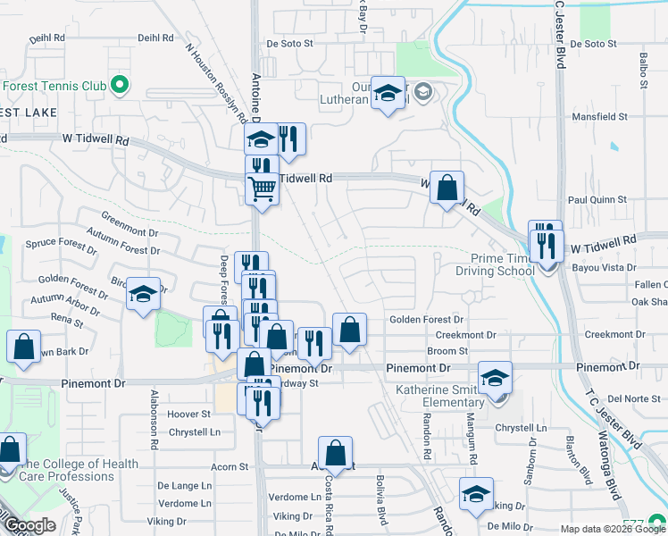 map of restaurants, bars, coffee shops, grocery stores, and more near 5122 Spring Forest Drive in Houston