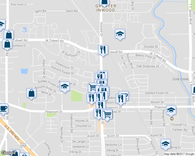 map of restaurants, bars, coffee shops, grocery stores, and more near 8 Antoine Drive in Houston