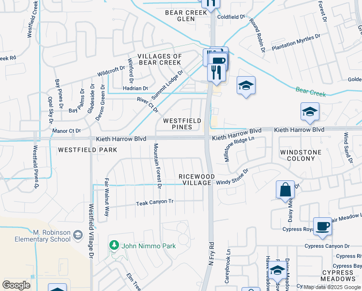 map of restaurants, bars, coffee shops, grocery stores, and more near 21135 Woodland Green Drive in Katy