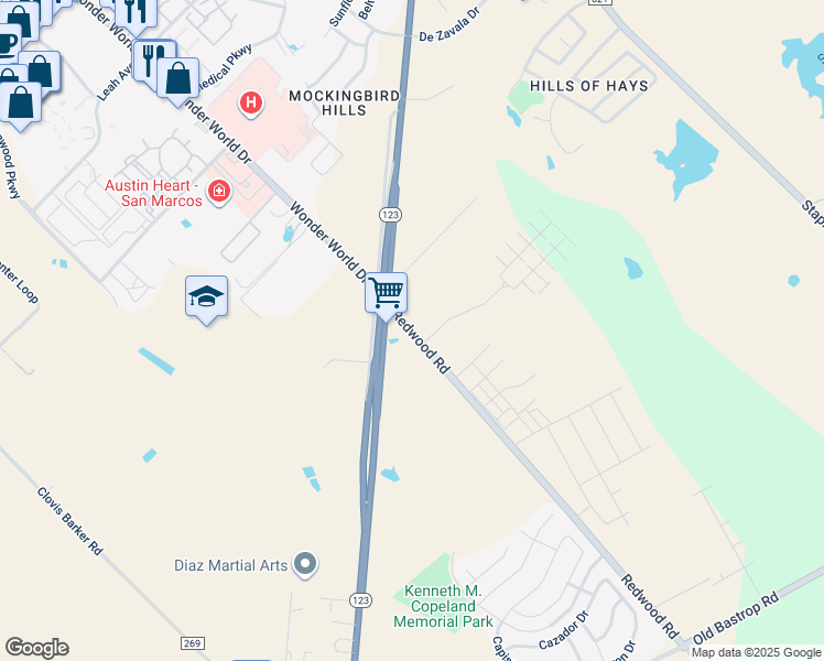 map of restaurants, bars, coffee shops, grocery stores, and more near 1605 Redwood Road in San Marcos