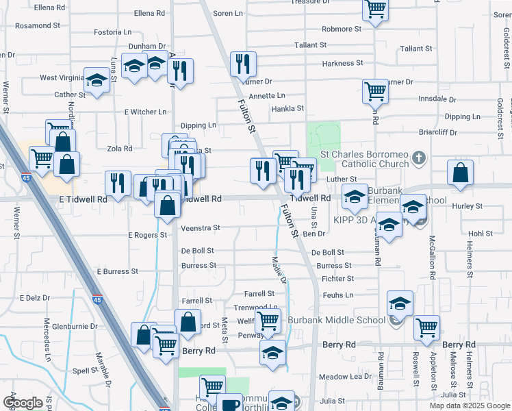 map of restaurants, bars, coffee shops, grocery stores, and more near 59 Tidwell Road in Houston