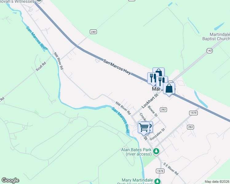 map of restaurants, bars, coffee shops, grocery stores, and more near 105 Plains Street in Martindale