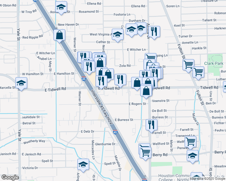 map of restaurants, bars, coffee shops, grocery stores, and more near 614 East Tidwell Road in Houston