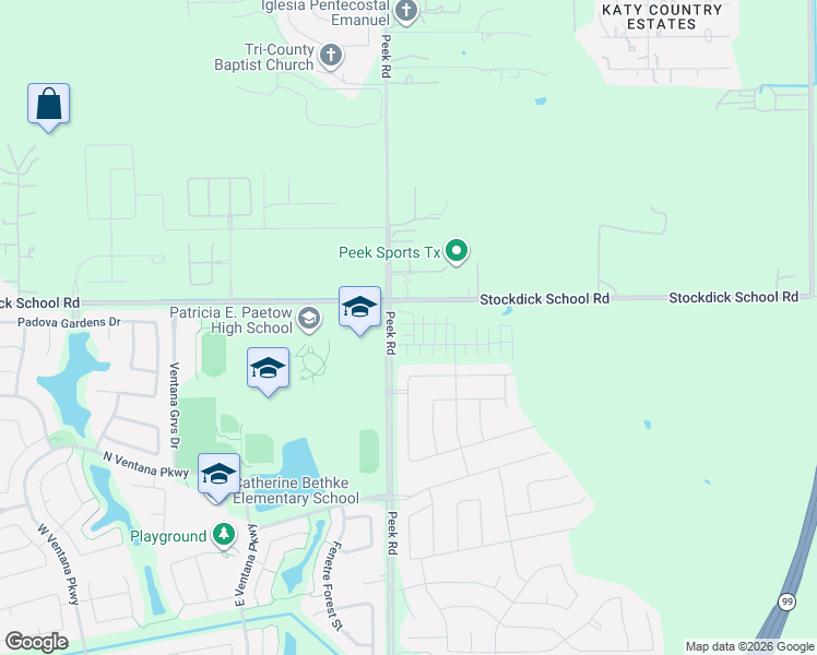 map of restaurants, bars, coffee shops, grocery stores, and more near 4000 Peek Road in Katy