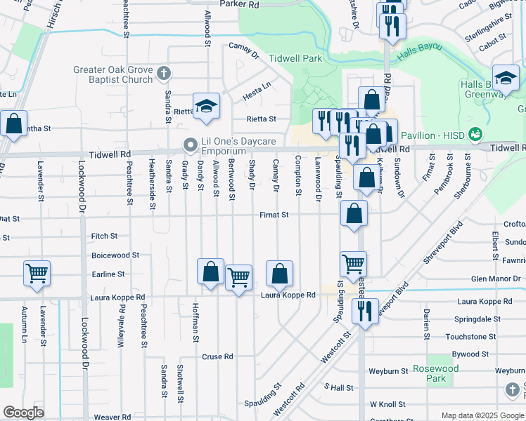 map of restaurants, bars, coffee shops, grocery stores, and more near 9214 Shady Drive in Houston
