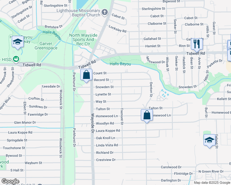 map of restaurants, bars, coffee shops, grocery stores, and more near 8018 Snowden Street in Houston