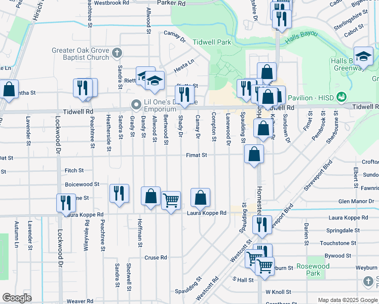 map of restaurants, bars, coffee shops, grocery stores, and more near 9214 Shady Drive in Houston