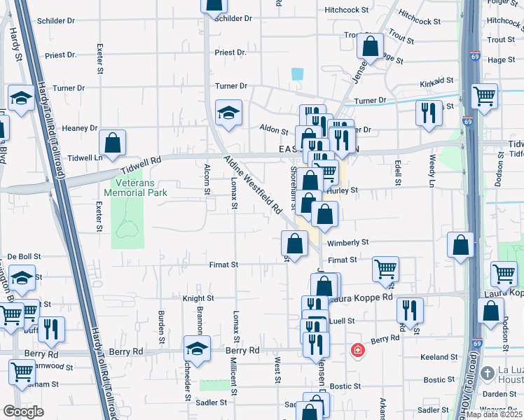 map of restaurants, bars, coffee shops, grocery stores, and more near 2518 Aldine Westfield Road in Houston
