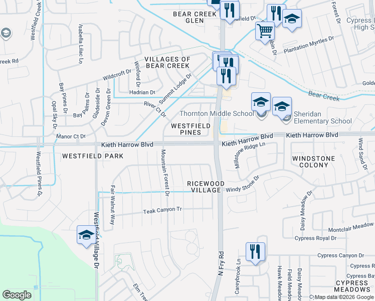 map of restaurants, bars, coffee shops, grocery stores, and more near 21135 Woodland Green Drive in Katy