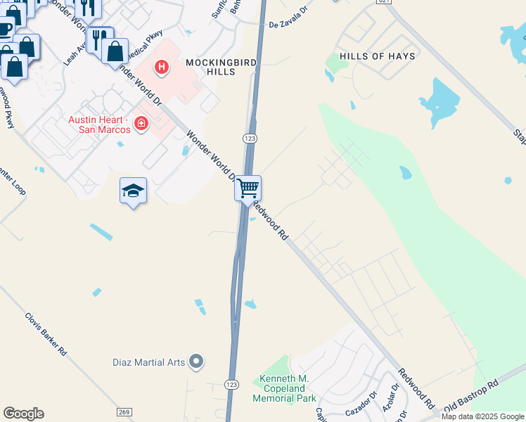 map of restaurants, bars, coffee shops, grocery stores, and more near 1605 Redwood Road in San Marcos