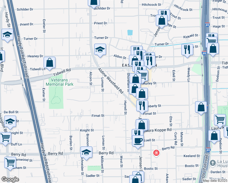 map of restaurants, bars, coffee shops, grocery stores, and more near 2518 Aldine Westfield Road in Houston