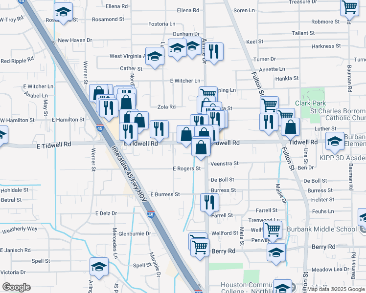 map of restaurants, bars, coffee shops, grocery stores, and more near 822 Tidwell Road in Houston