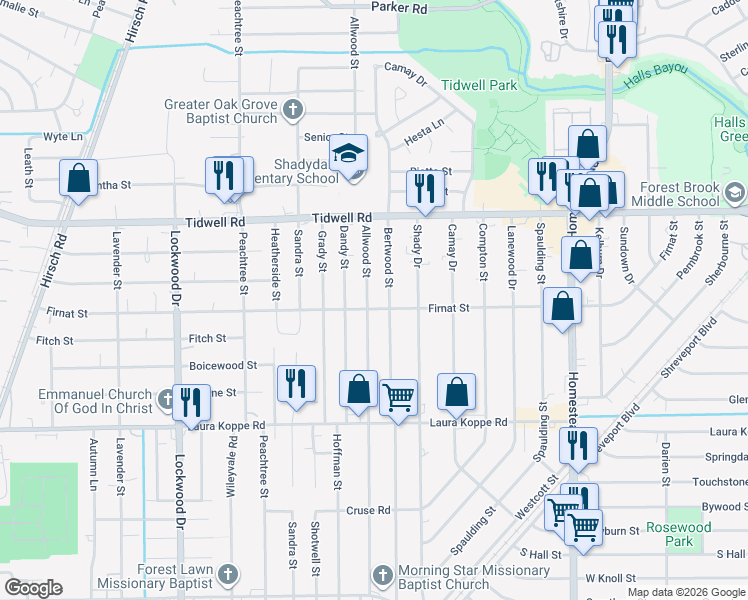 map of restaurants, bars, coffee shops, grocery stores, and more near 9211 Bertwood Street in Houston