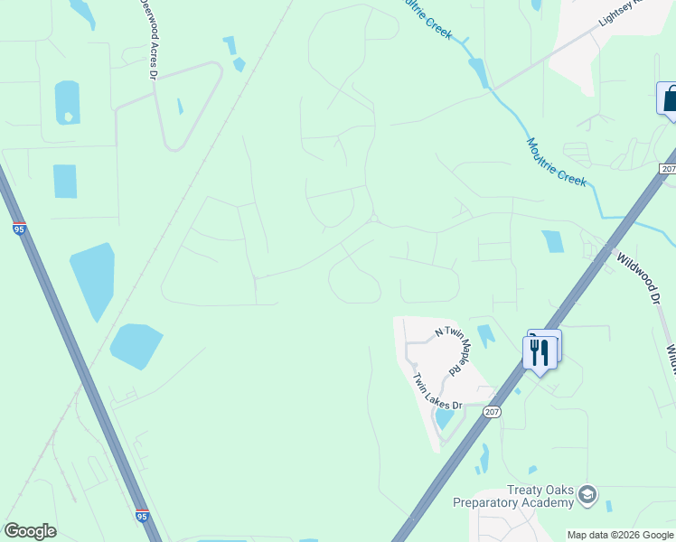 map of restaurants, bars, coffee shops, grocery stores, and more near 419 Twin Lakes Drive in St. Augustine