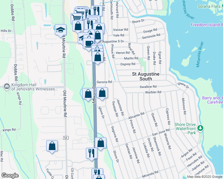 map of restaurants, bars, coffee shops, grocery stores, and more near 111 Gentian Road in St. Augustine