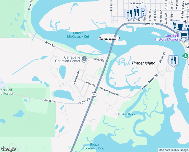 map of restaurants, bars, coffee shops, grocery stores, and more near 158 Plantation Drive in Carrabelle