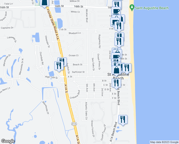 map of restaurants, bars, coffee shops, grocery stores, and more near 811 Mickler Boulevard in St. Augustine
