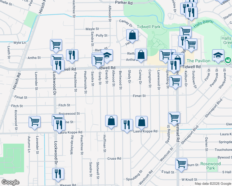 map of restaurants, bars, coffee shops, grocery stores, and more near 9211 Bertwood Street in Houston