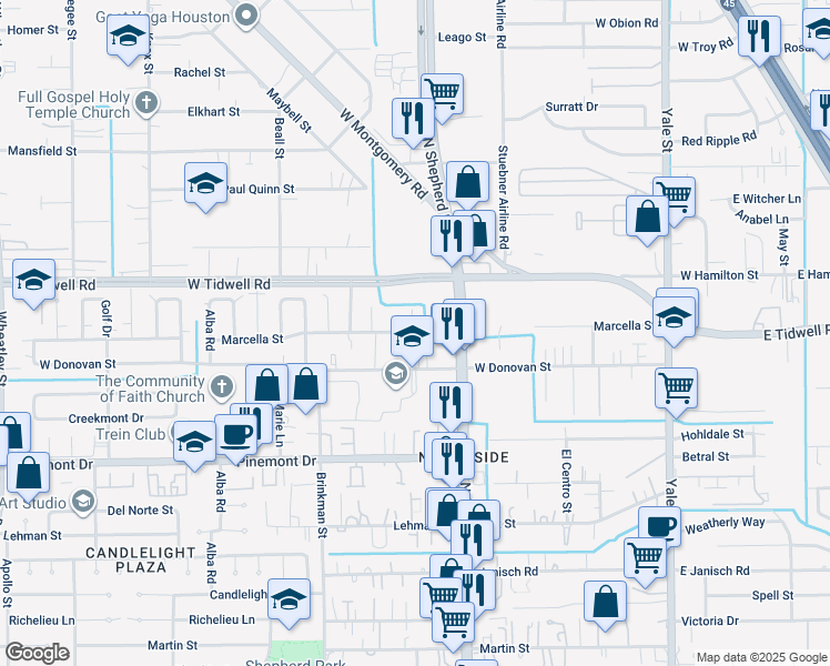 map of restaurants, bars, coffee shops, grocery stores, and more near 748 Marcella Street in Houston