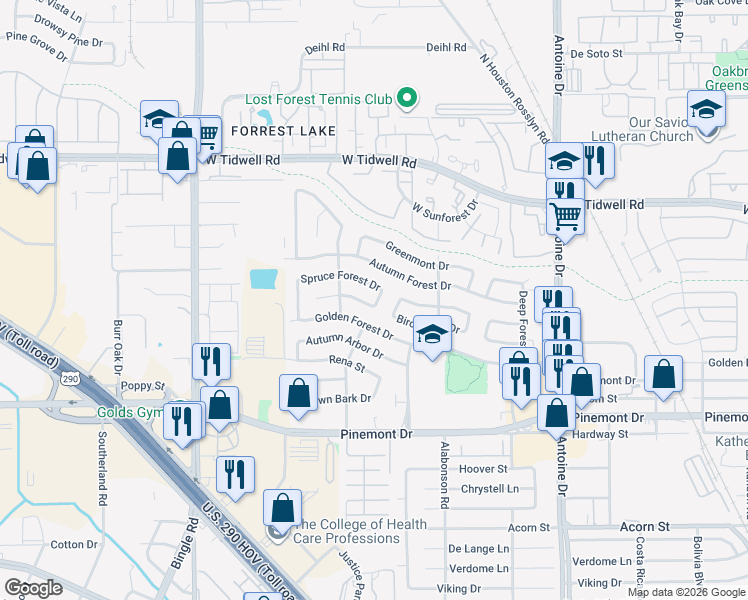 map of restaurants, bars, coffee shops, grocery stores, and more near 6107 Spruce Forest Drive in Houston