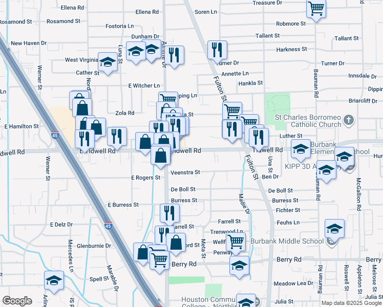 map of restaurants, bars, coffee shops, grocery stores, and more near 24 Tidwell Road in Houston