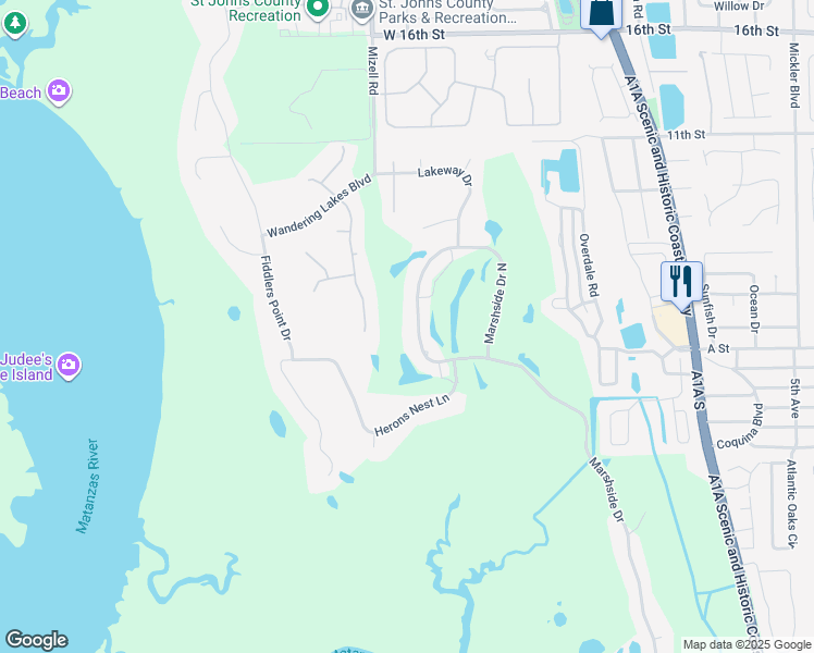 map of restaurants, bars, coffee shops, grocery stores, and more near 233 Marshside Drive in St. Augustine