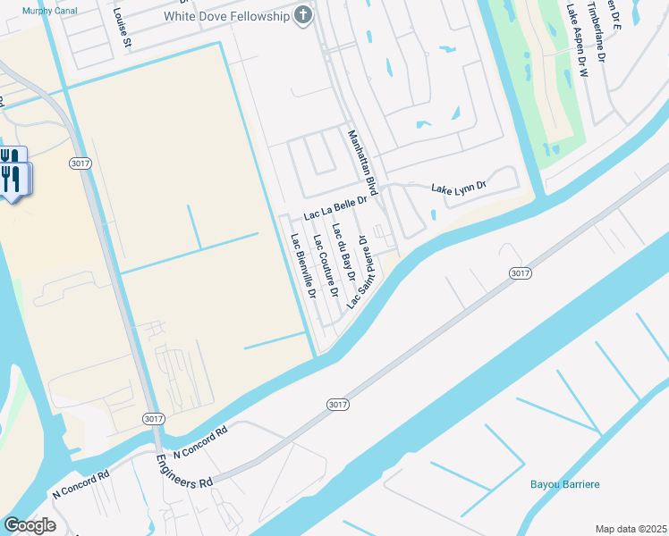 map of restaurants, bars, coffee shops, grocery stores, and more near 4165 Lac Couture Drive in Harvey