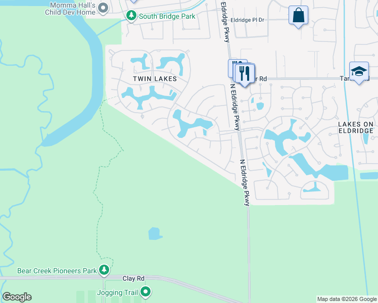 map of restaurants, bars, coffee shops, grocery stores, and more near 5351 Summer Snow Drive in Houston