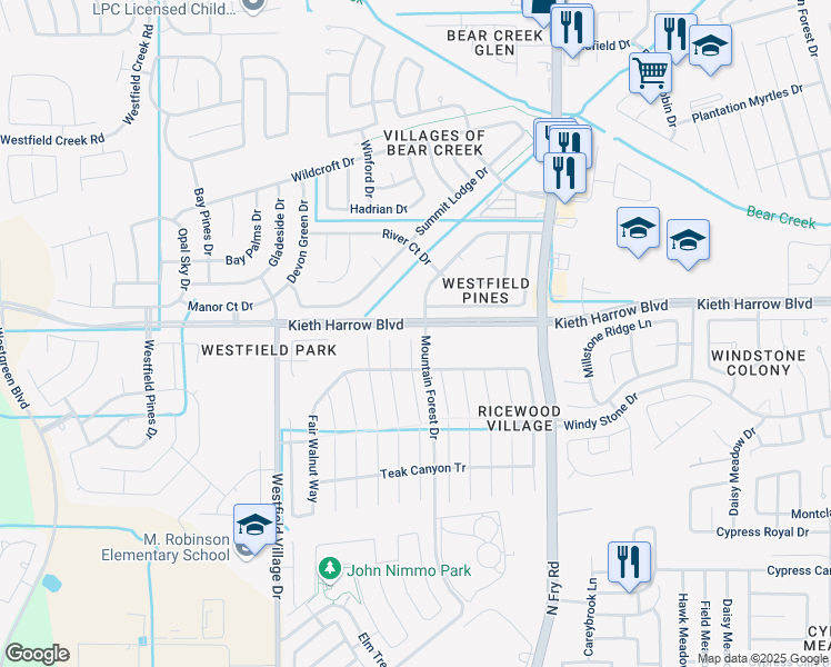 map of restaurants, bars, coffee shops, grocery stores, and more near 5134 Lamppost Hill Court in Katy