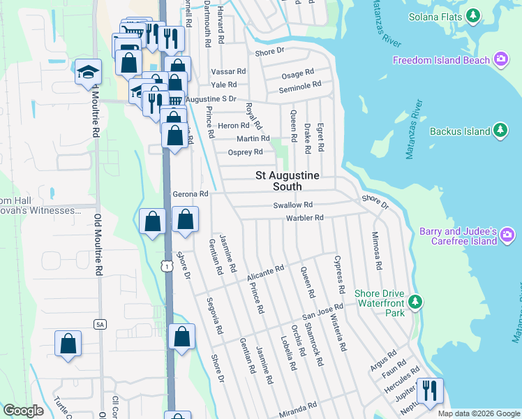 map of restaurants, bars, coffee shops, grocery stores, and more near 130 Swallow Road in St. Augustine