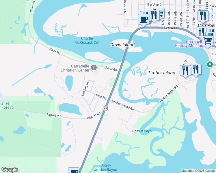 map of restaurants, bars, coffee shops, grocery stores, and more near 158 Plantation Drive in Carrabelle