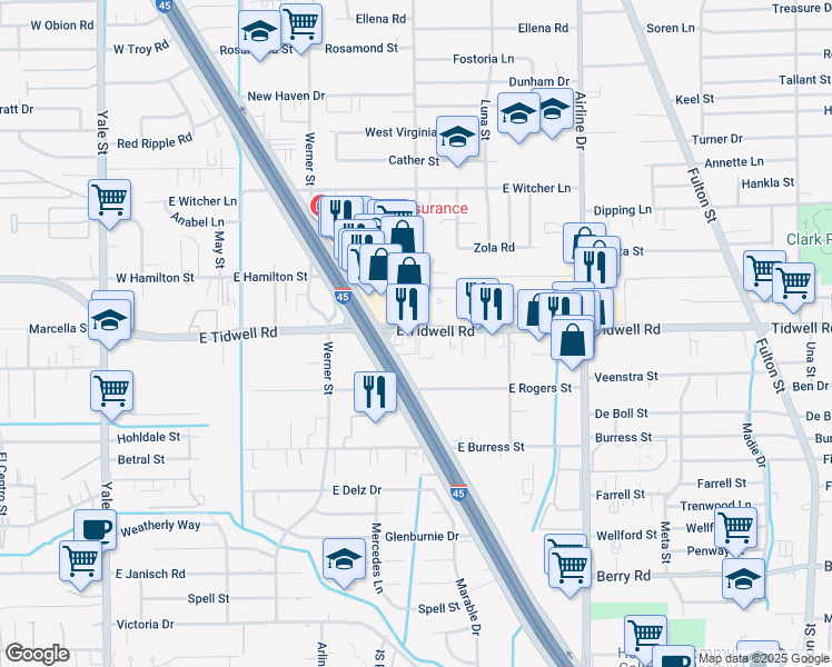 map of restaurants, bars, coffee shops, grocery stores, and more near 566 East Tidwell Road in Houston