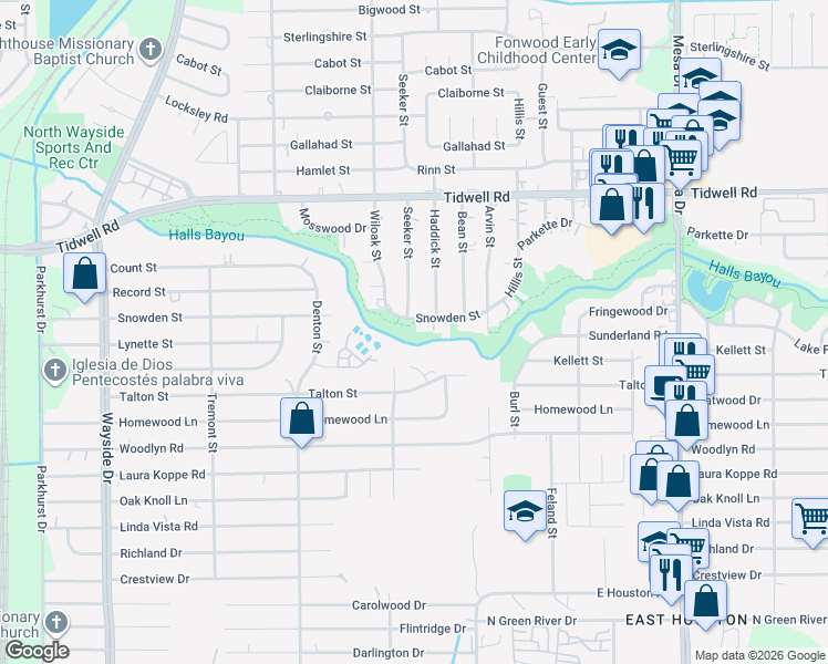 map of restaurants, bars, coffee shops, grocery stores, and more near 8406 Snowden Street in Houston