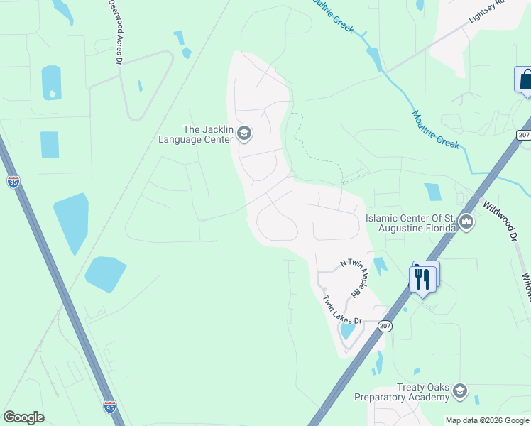 map of restaurants, bars, coffee shops, grocery stores, and more near 419 Twin Lakes Drive in St. Augustine