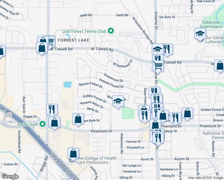 map of restaurants, bars, coffee shops, grocery stores, and more near 6022 Spruce Forest Drive in Houston