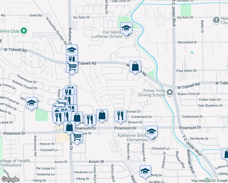 map of restaurants, bars, coffee shops, grocery stores, and more near 5043 Spring Forest Drive in Houston