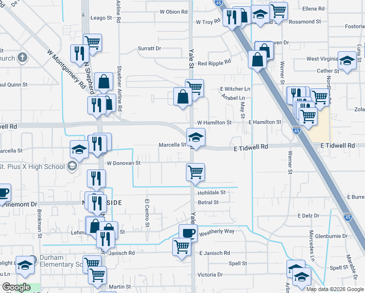 map of restaurants, bars, coffee shops, grocery stores, and more near 308 Marcella Street in Houston