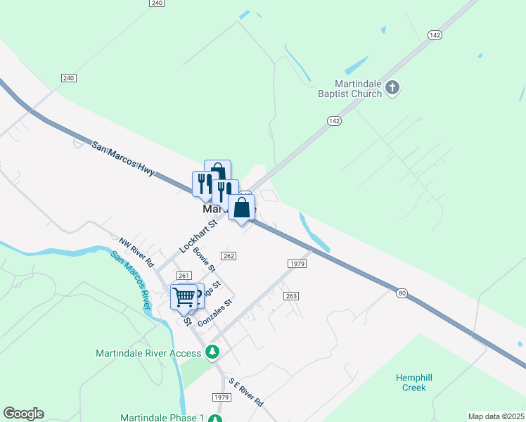 map of restaurants, bars, coffee shops, grocery stores, and more near 16812 San Marcos Highway in Martindale