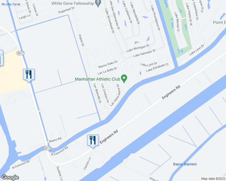 map of restaurants, bars, coffee shops, grocery stores, and more near 4201 Lac du Bay Drive in Harvey
